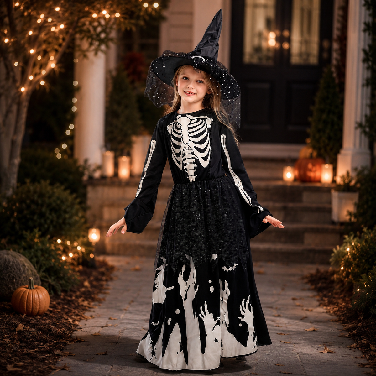 Kids Skeleton Witch Dress with Hat or Hooded Skeleton Bodysuit Costume