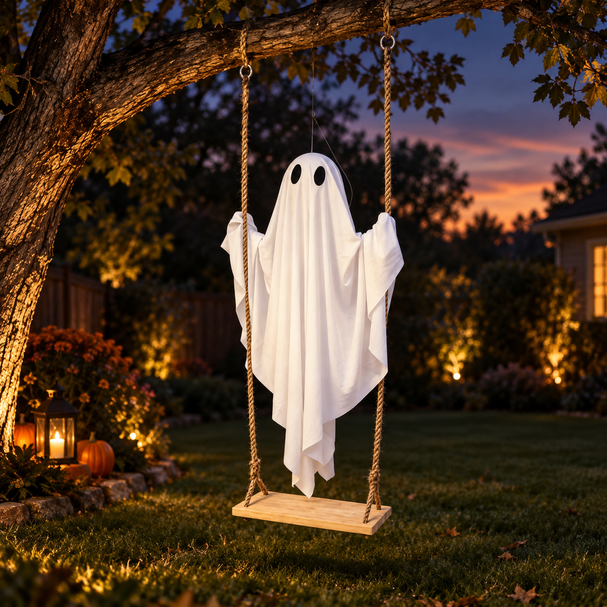 Hanging Ghost Swing Halloween Decoration Wooden Seat Porch Tree Decor