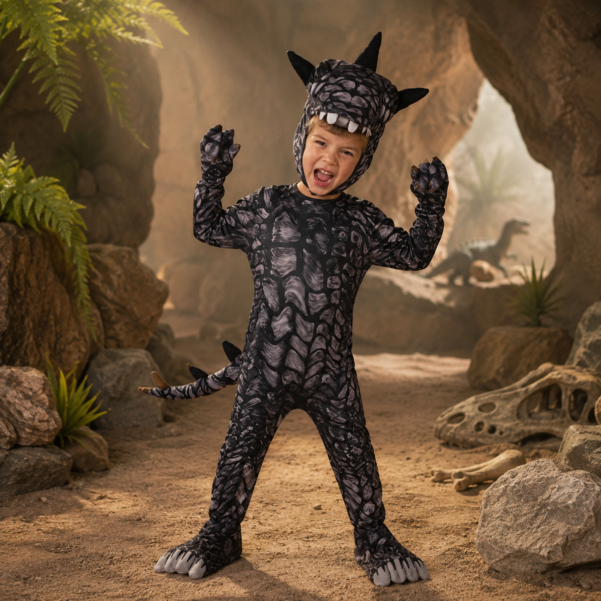 Kids Dinosaur Costume T Rex Triceratops Jumpsuit with Headpiece Gloves