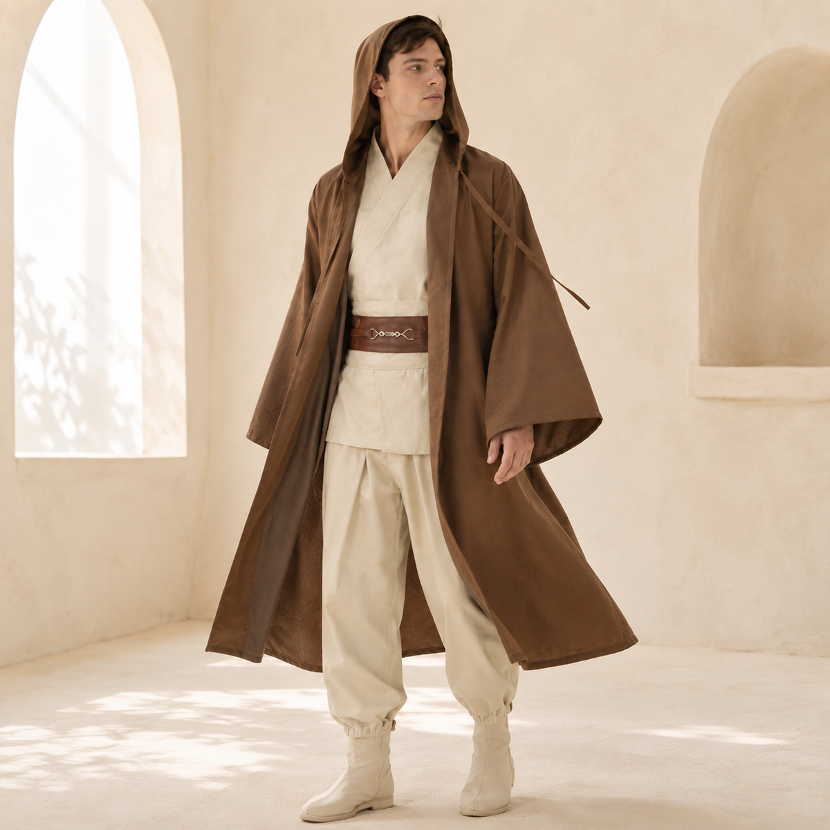 Mens Jedi Style Robe Costume Hooded Cloak Tunic Pants Belt Brown Black
