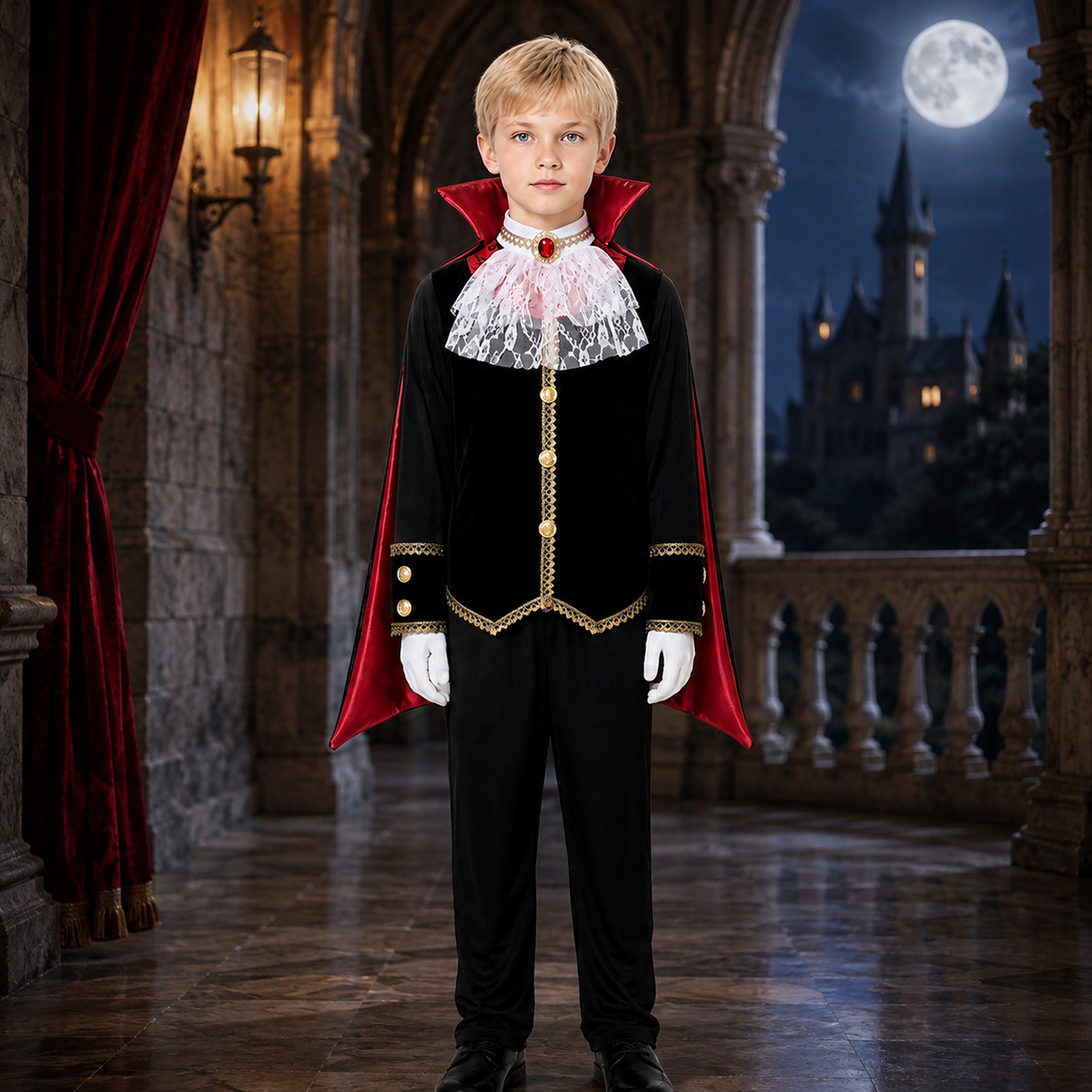 Boys Vampire Costume Velvet Vest Lace Jabot Shirt Cape Pants Kids