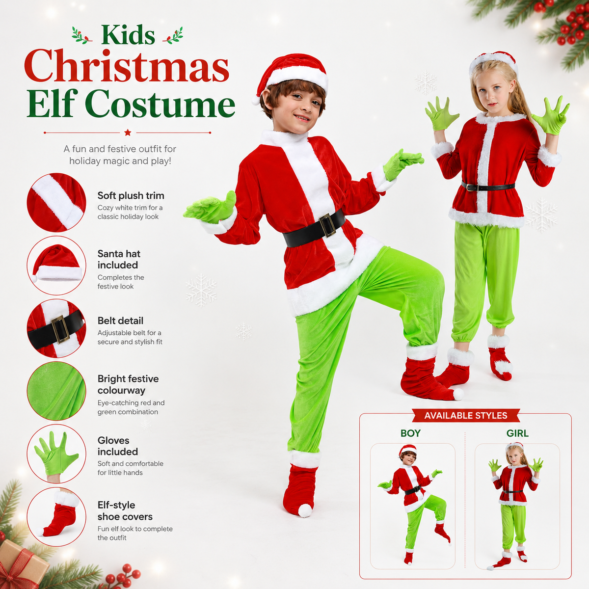 Kids Green Christmas Elf Costume Santa Top Gloves Hat Shoe Covers