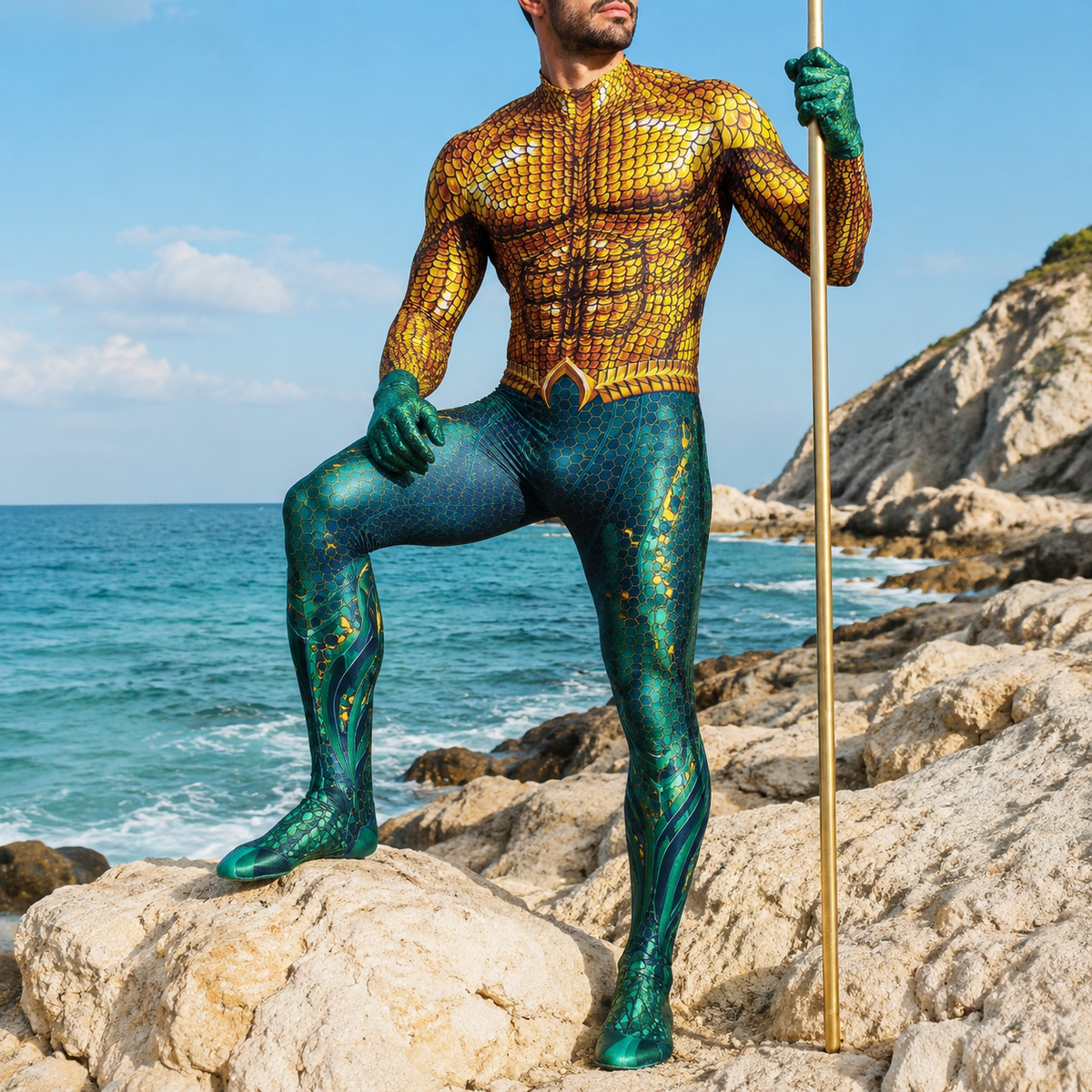 Aquaman Style Zentai Bodysuit Gold Scale Green Ocean Warrior Costume