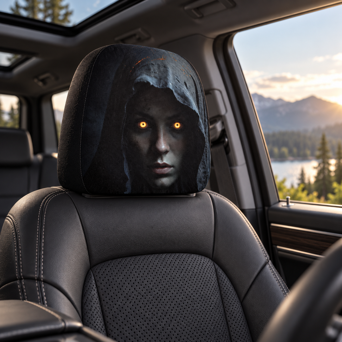 Horror Face Car Headrest Cover Hooded Woman Glowing Eyes Halloween