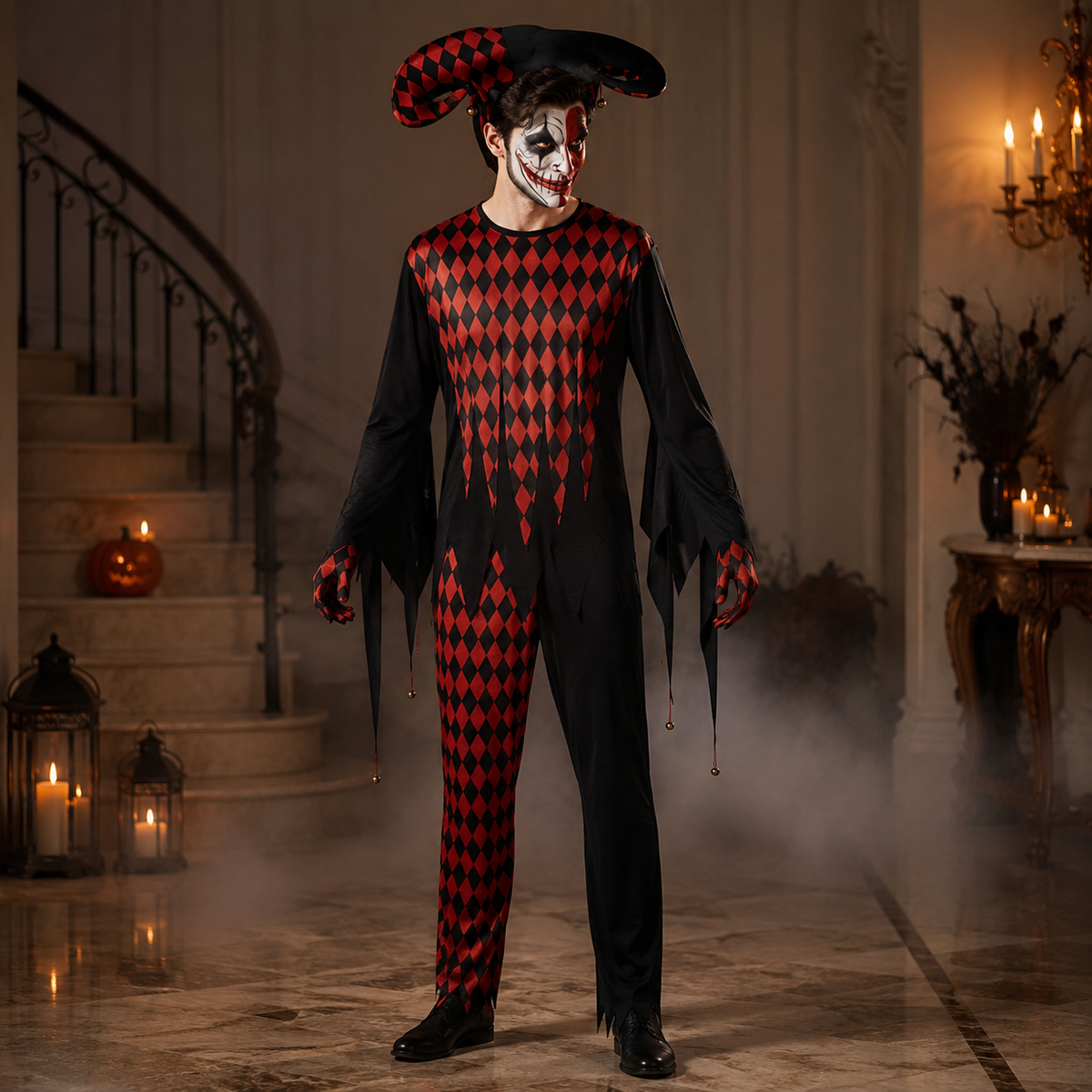 Adult Evil Harlequin Jester Costume Red Black Diamond Mask Hood Gloves