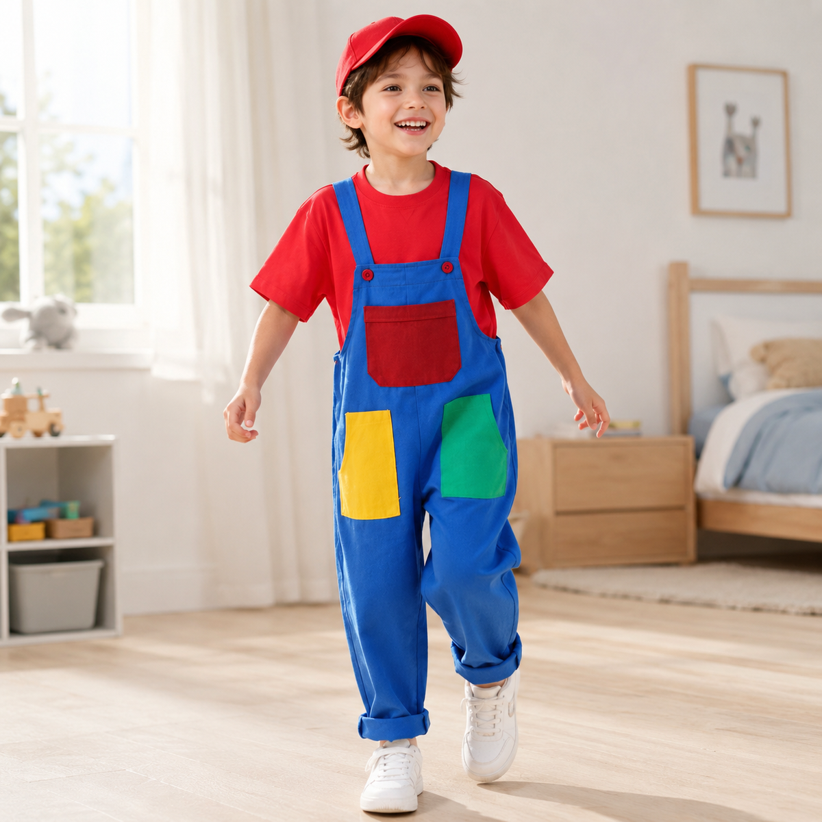 Kids Plumber Costume Colorblock Bib Overalls T Shirt Cap 3 Piece Set
