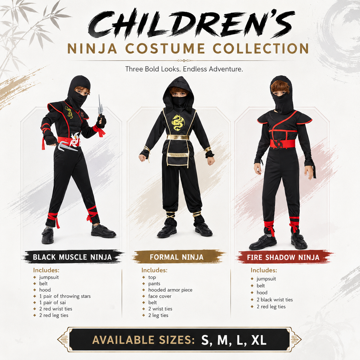 Kids Ninja Costume Muscle Jumpsuit Hood Belt Throwing Stars 3 Styles