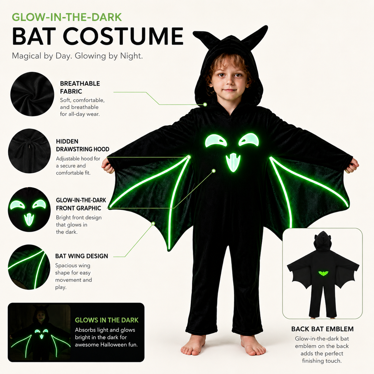 Kids Glow in the Dark Bat Costume Hooded Jumpsuit with Wings Halloween
