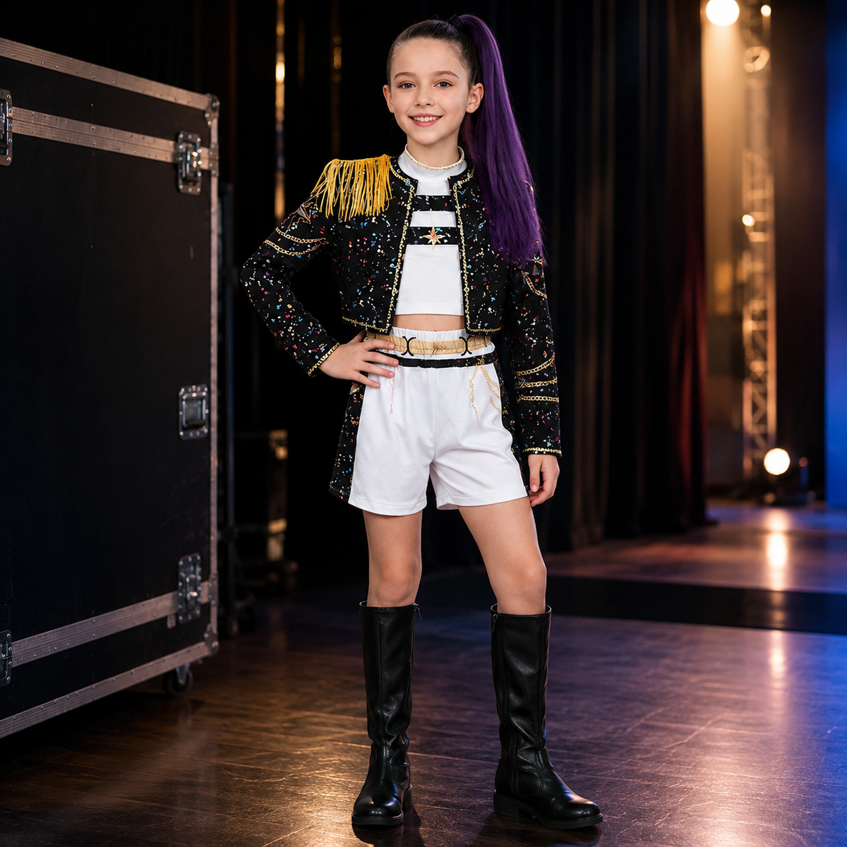 Girls Pop Star Stage Outfit Sequin Cropped Jacket Skirt or Shorts Set