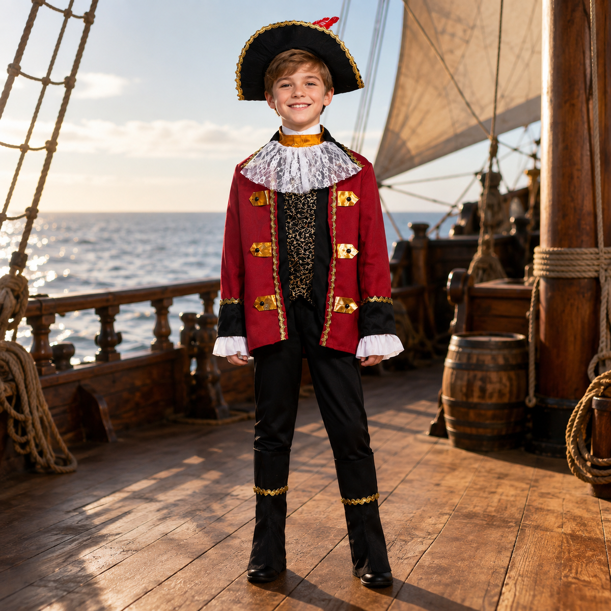 Boys Pirate Captain Costume Red Coat Lace Jabot Tricorn Hat Kids