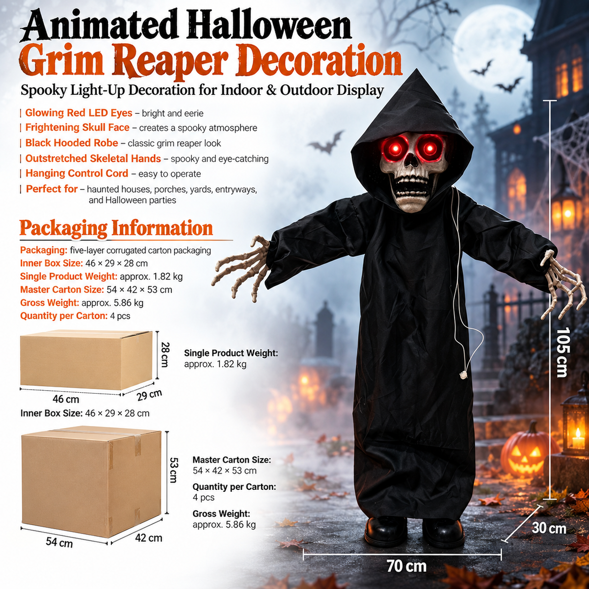 Animated Grim Reaper Halloween Decoration Red LED Eyes Standing Prop