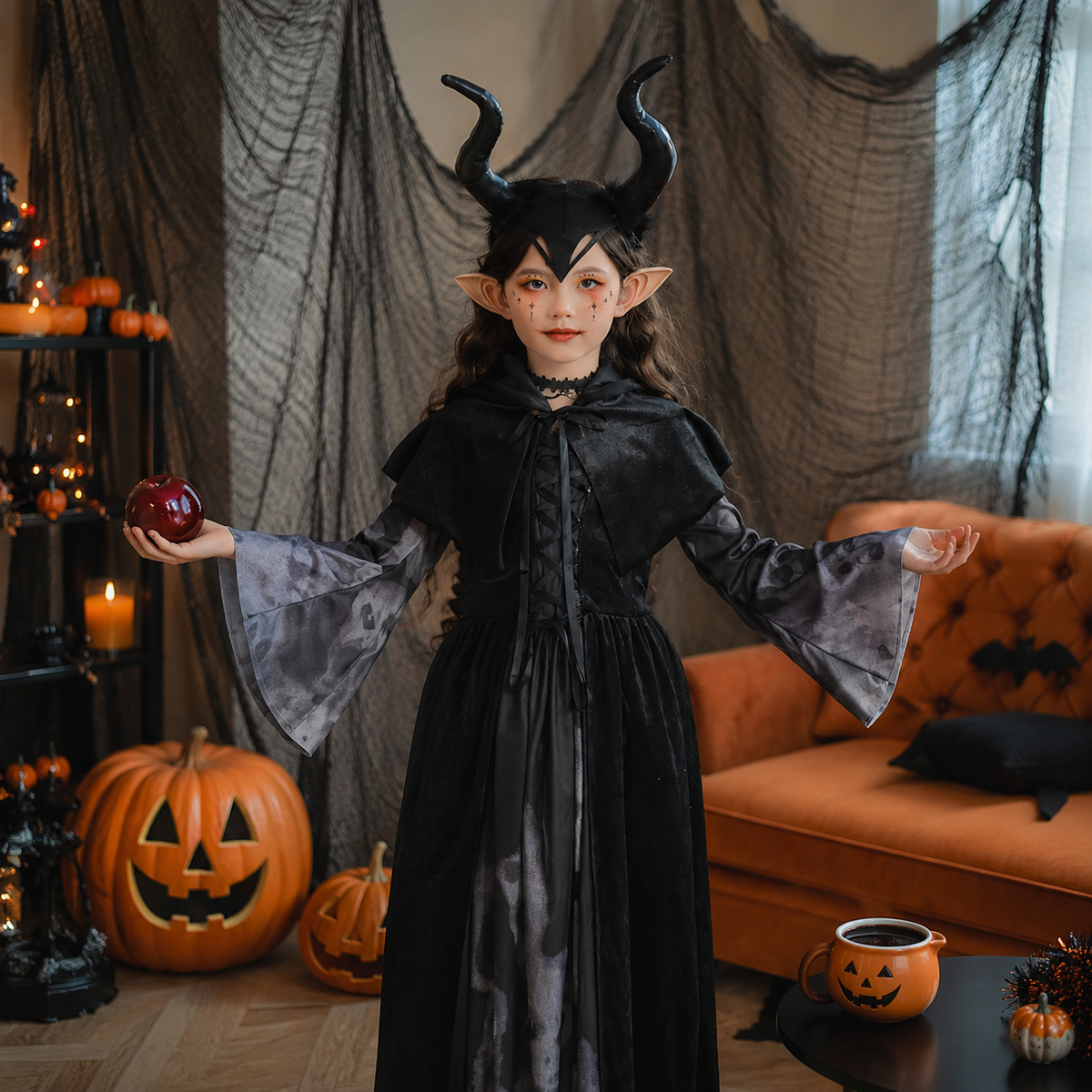 Girls Dark Fairy Costume Black Hooded Dress Horns Elf Ears Cane
