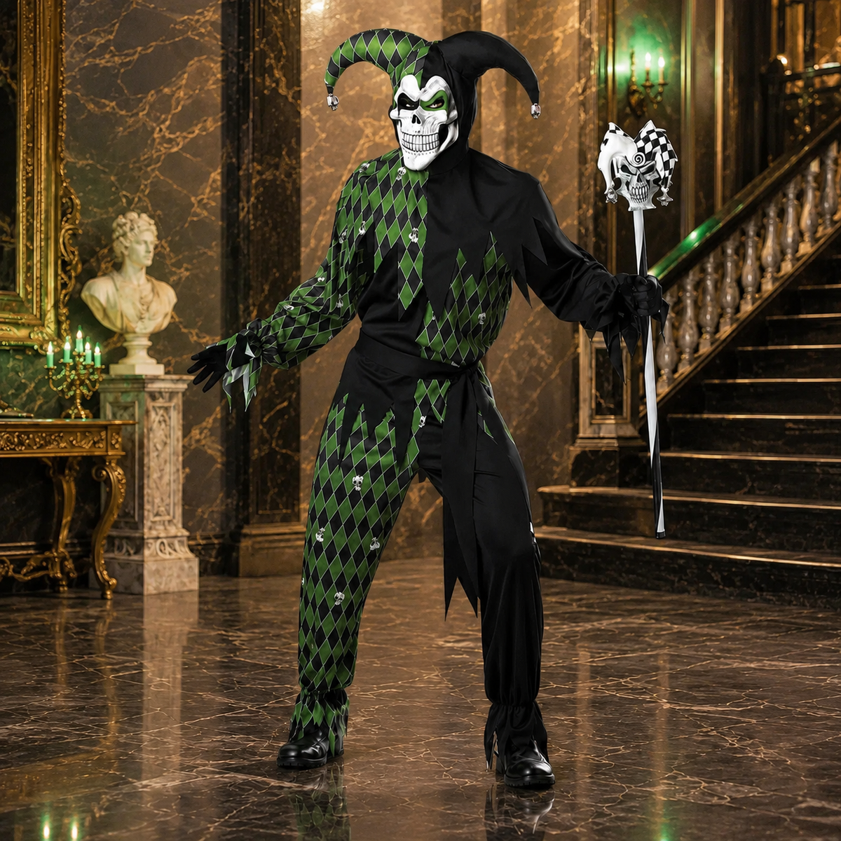 Evil Court Jester Costume Horned Hood Harlequin Suit Adult Kids