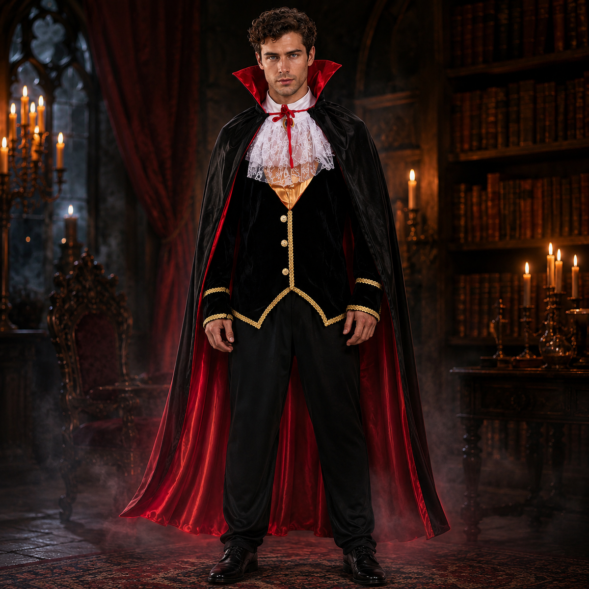 Mens Gothic Vampire Costume Set Cape Vest Shirt Count Noble Royal