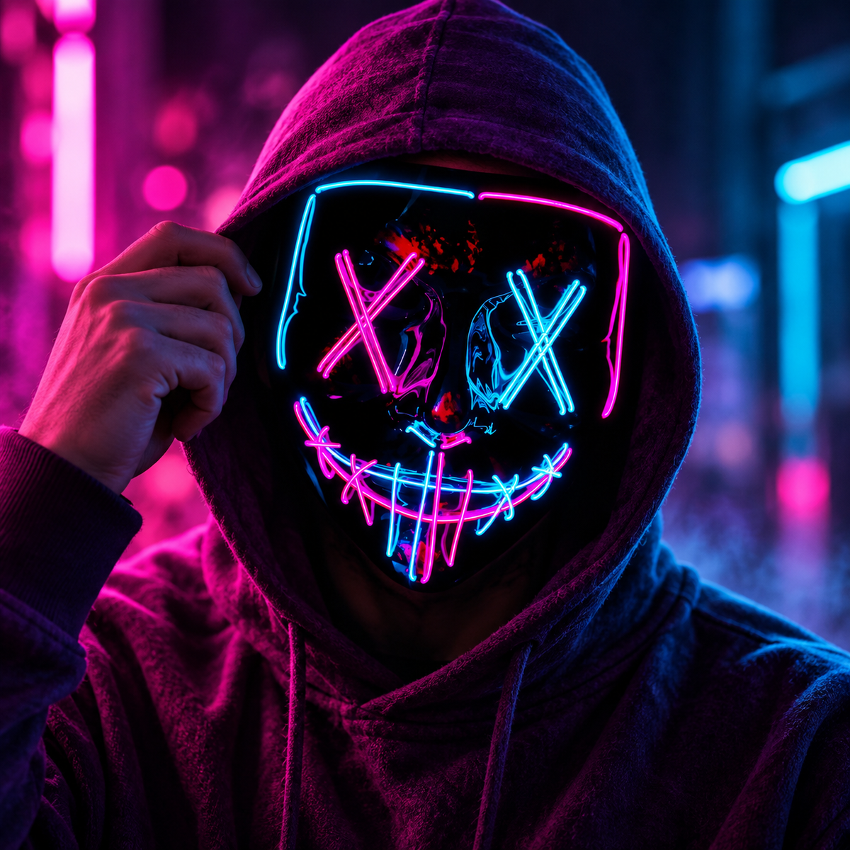 Dual Color LED Purge Mask Neon X Eyes Stitched Grin Battery Box Strap
