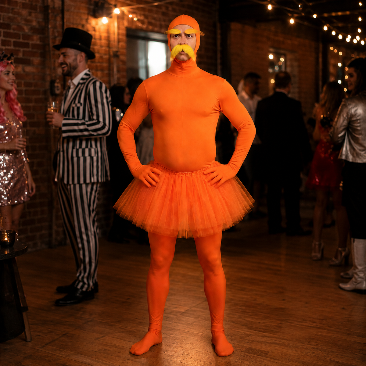 Orange Full Body Spandex Suit Costume Yellow Mustache Funny Character