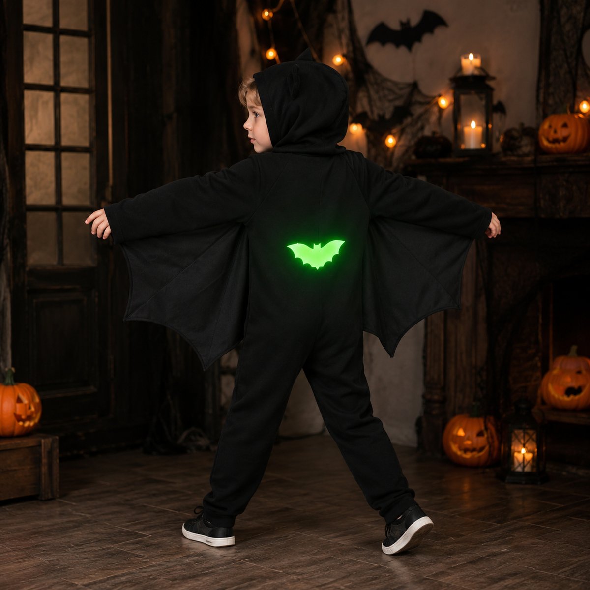 Kids Bat Costume Onesie with Wings Hooded Jumpsuit Glow Bat Back