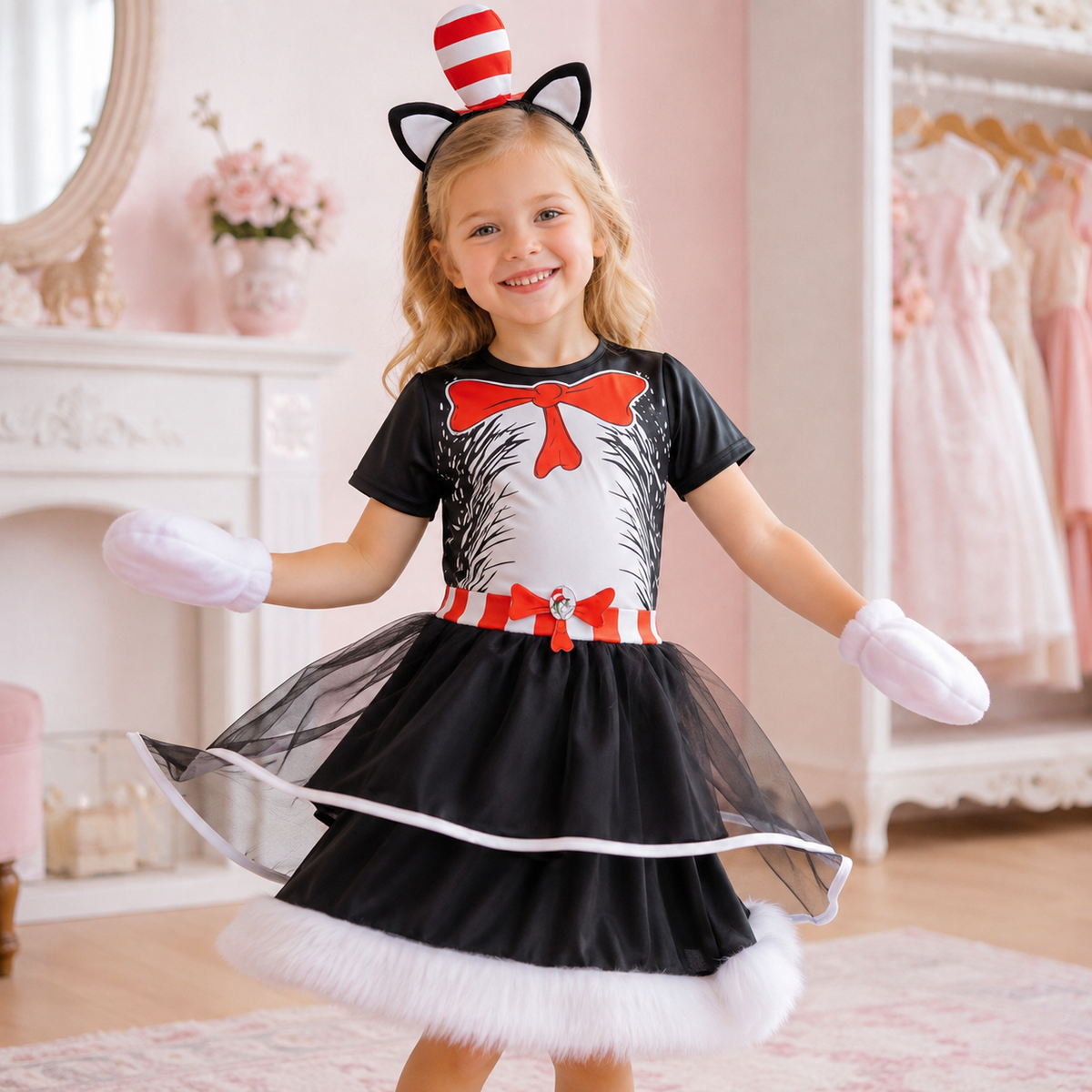 Kids Cat in the Hat Style Costume Striped Hat Bow Tie Gloves 3 Styles