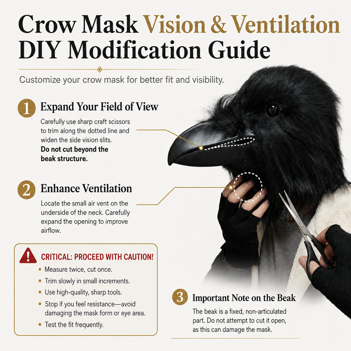 Black Raven Crow Mask Full Head Faux Fur Bird Mask Sculpted Beak