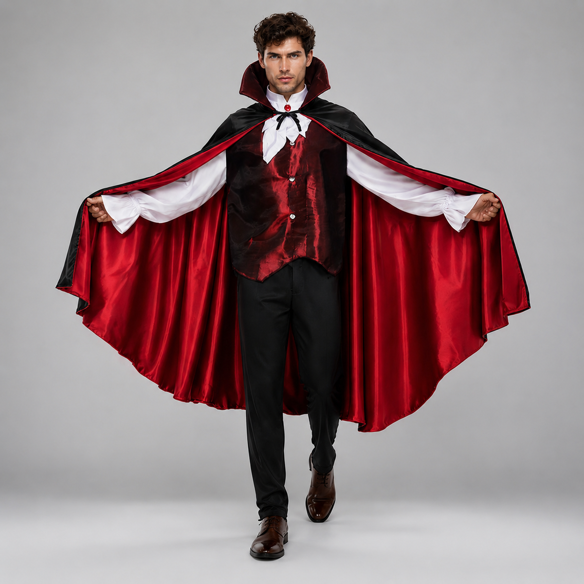 Mens Vampire Costume Satin Cape High Collar Vest Ruffle Shirt Dracula