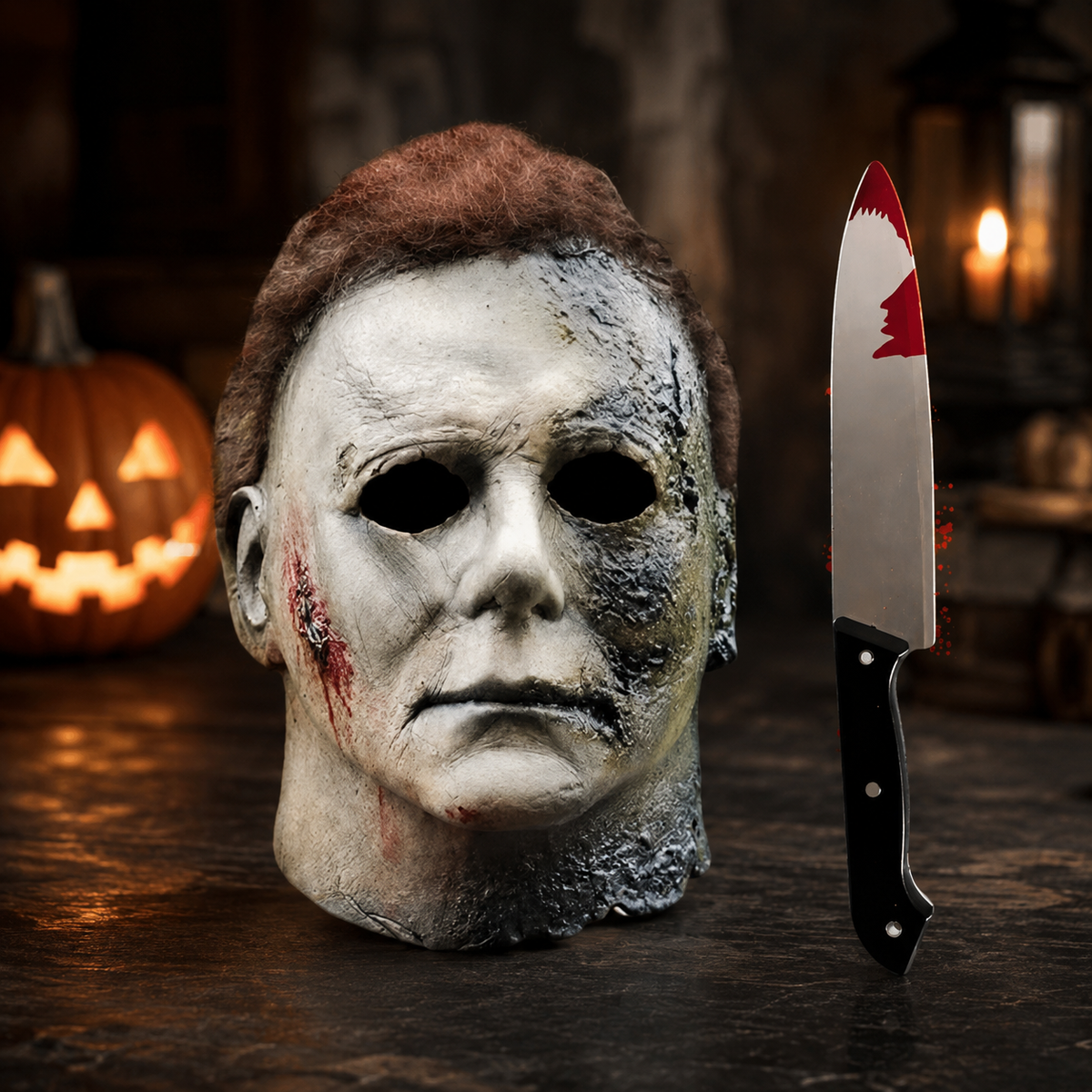 Michael Myers Style Latex Mask Pale Slasher Face Hair Knife Prop