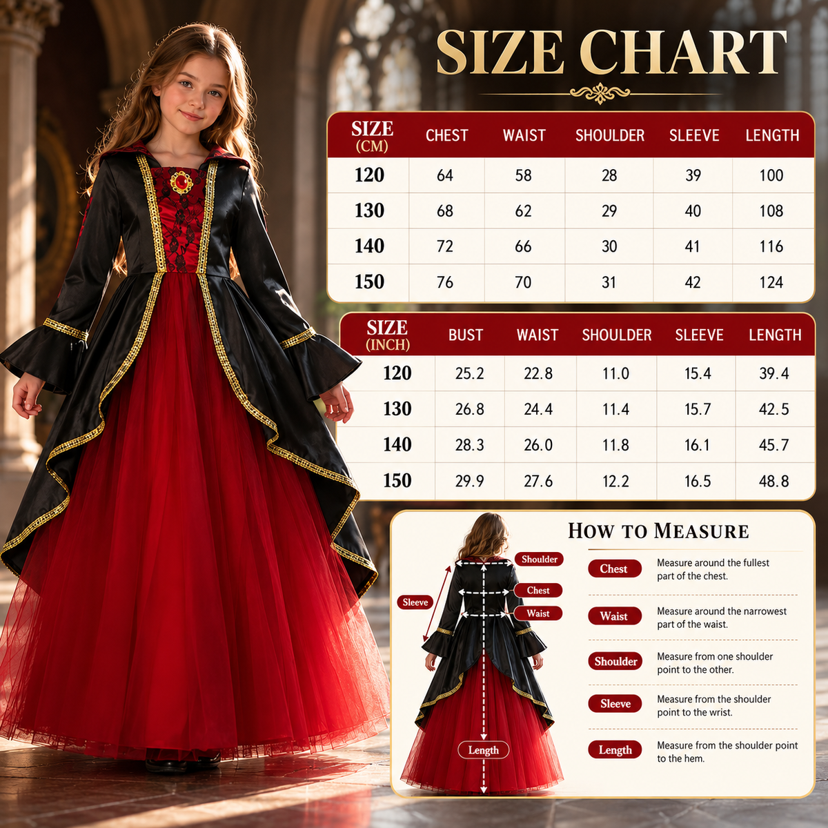 Girls Victorian Vampire Dress Costume Red Black Gown Hat Choker