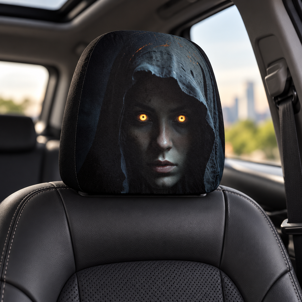 Horror Face Car Headrest Cover Hooded Woman Glowing Eyes Halloween