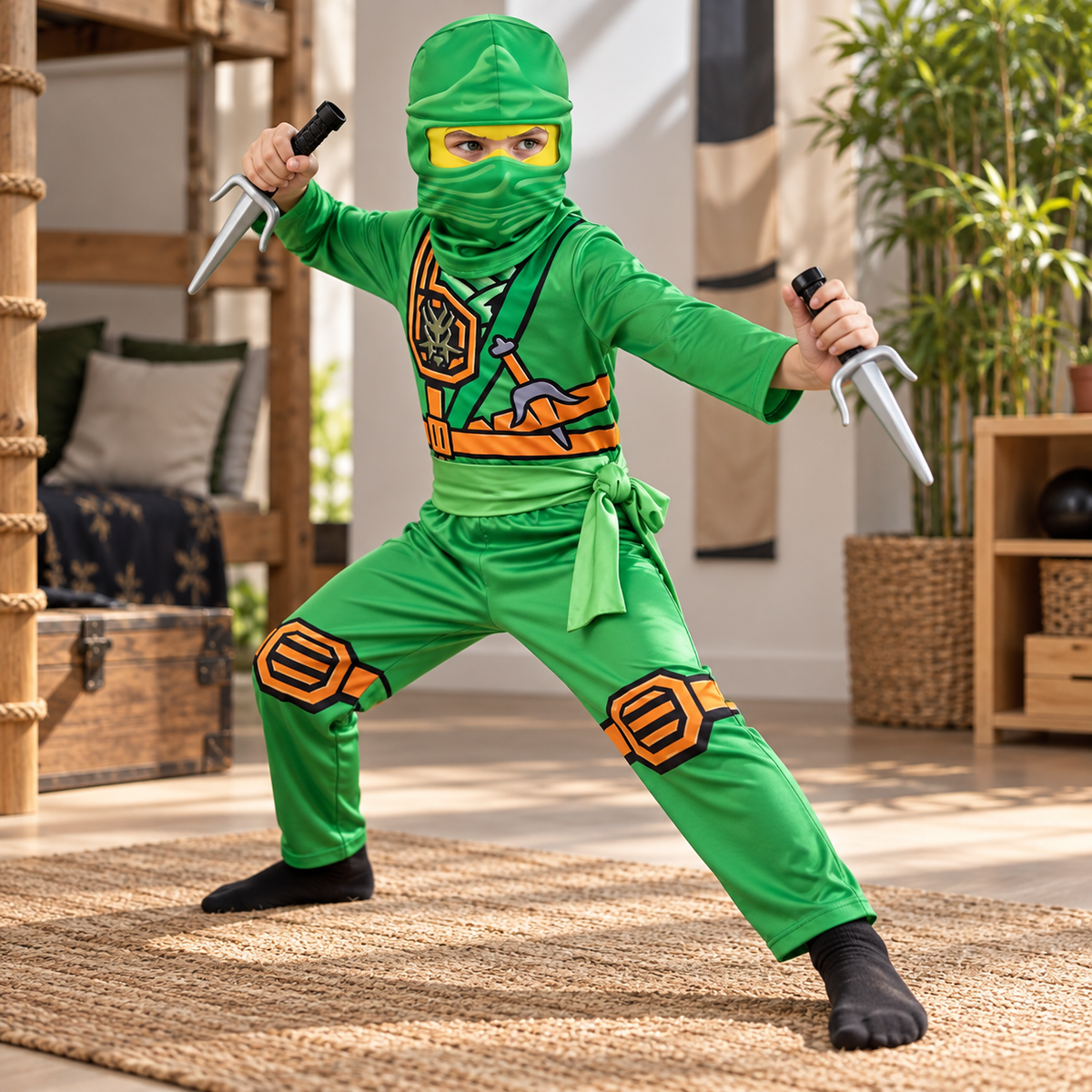 Kids Ninja Costume Red or Green Jumpsuit Hood Mask and Toy Sai Set