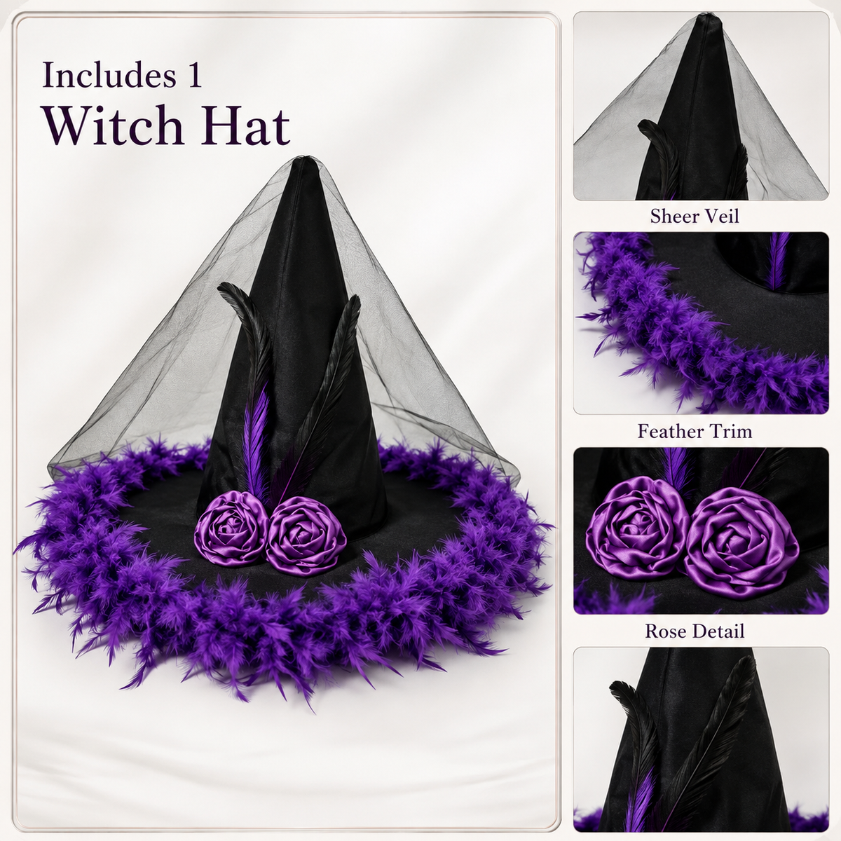 Feather Witch Hat with Veil Satin Roses Black Purple Halloween Hat