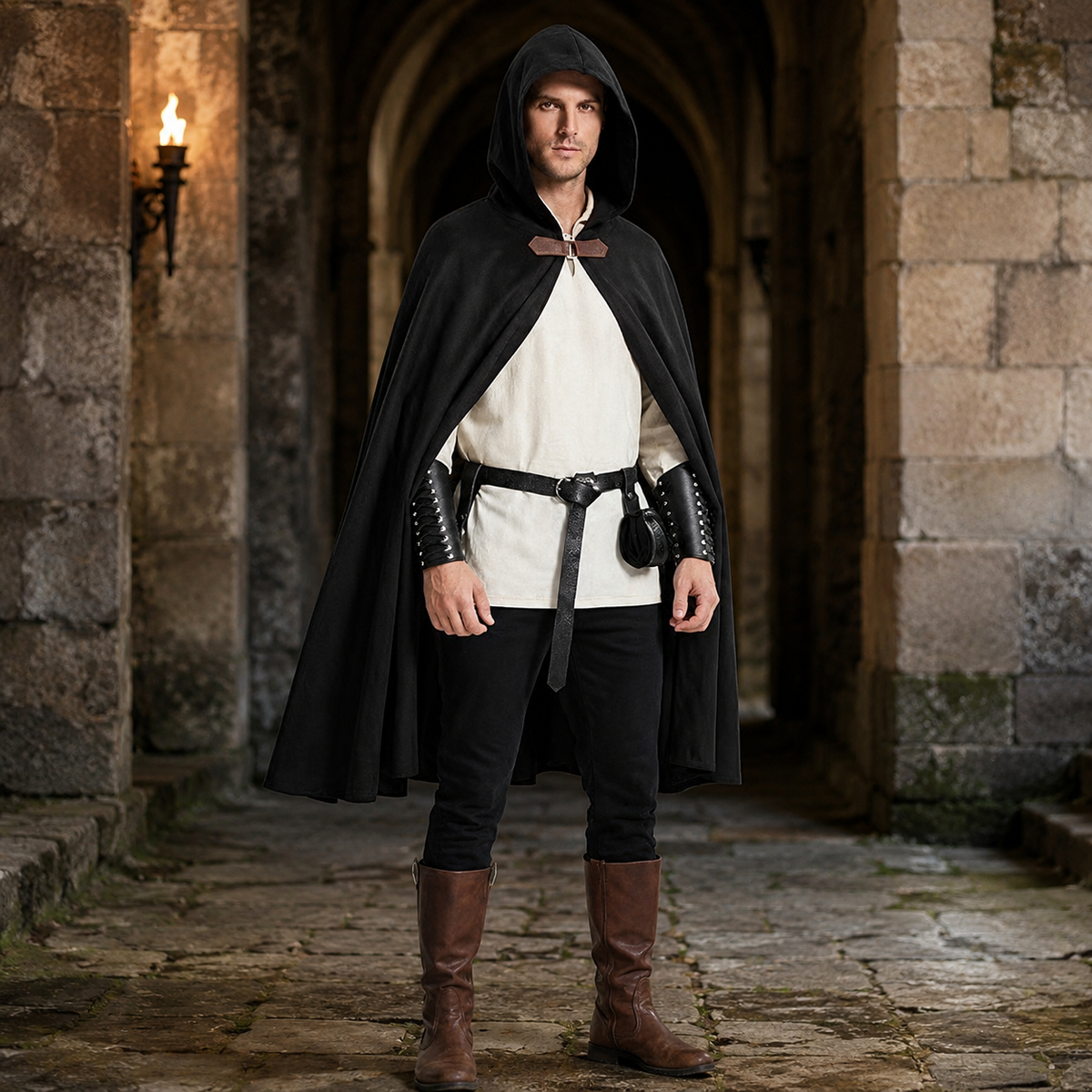 Medieval Hooded Cape Renaissance Cloak Wooden Toggle Black Green Brown