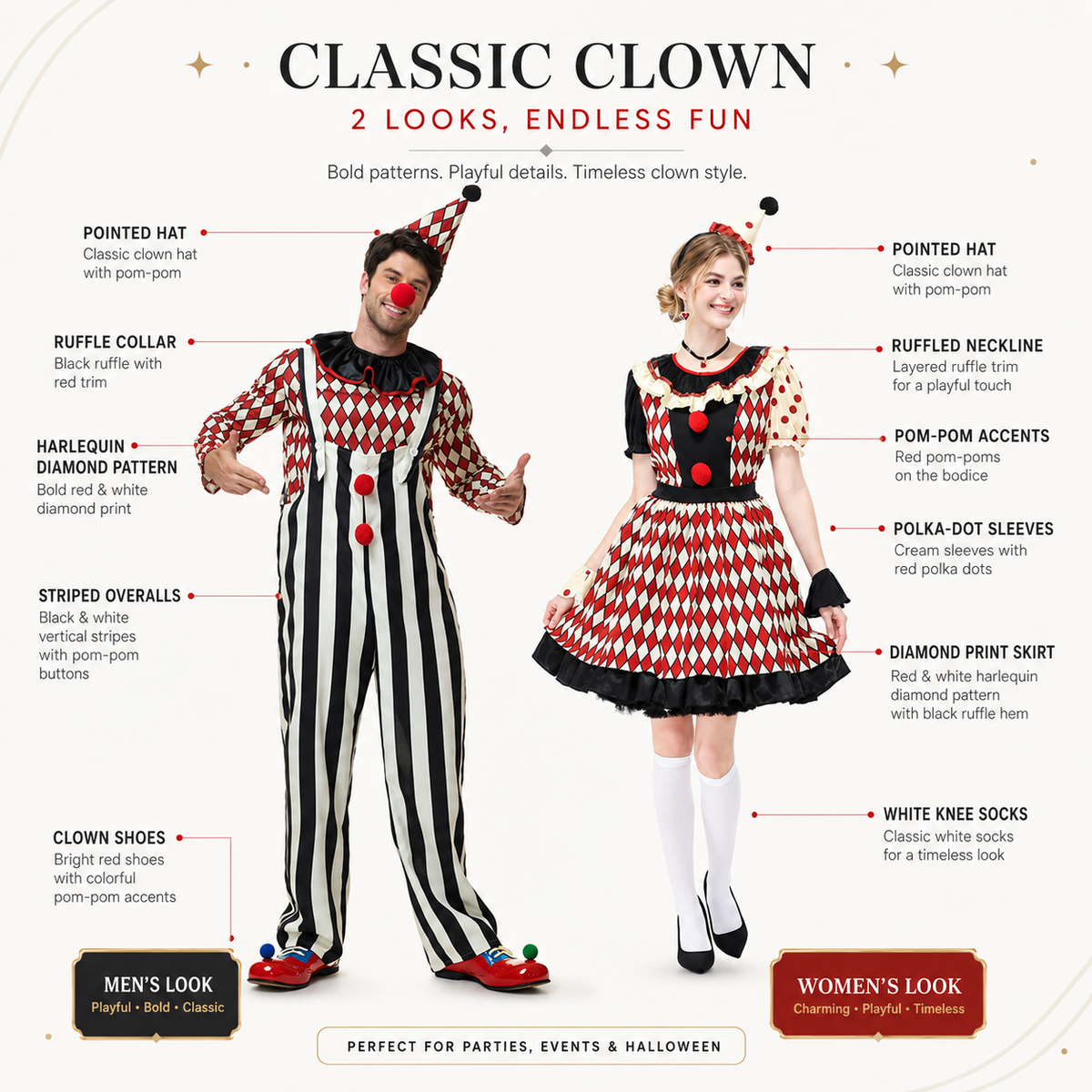 Classic Circus Clown Costume Mens Overalls or Womens Dress with Hat