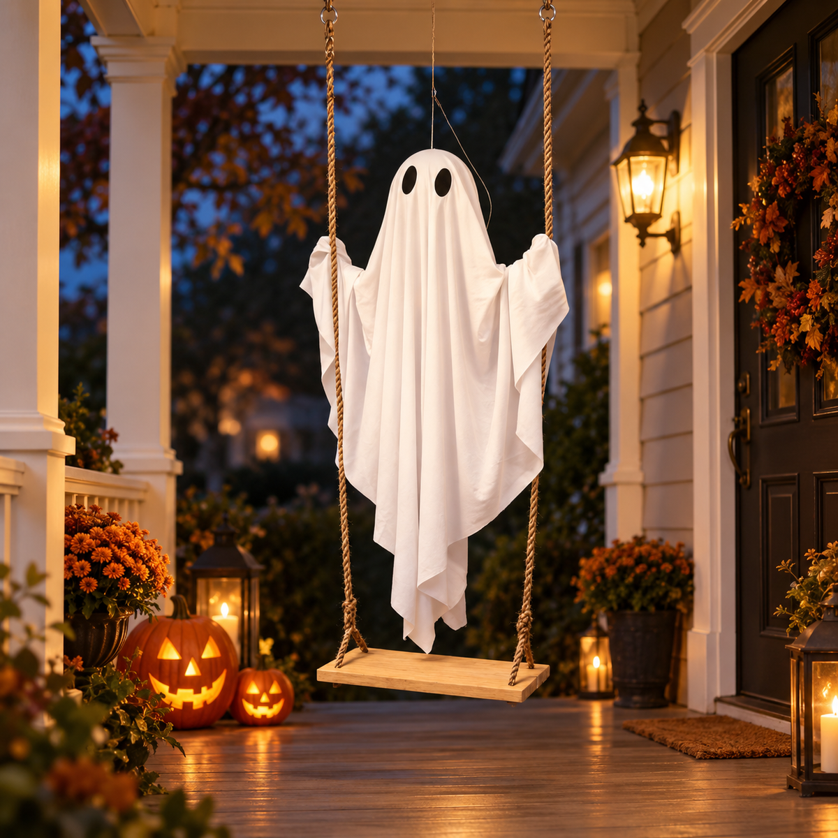 Hanging Ghost Swing Halloween Decoration Wooden Seat Porch Tree Decor