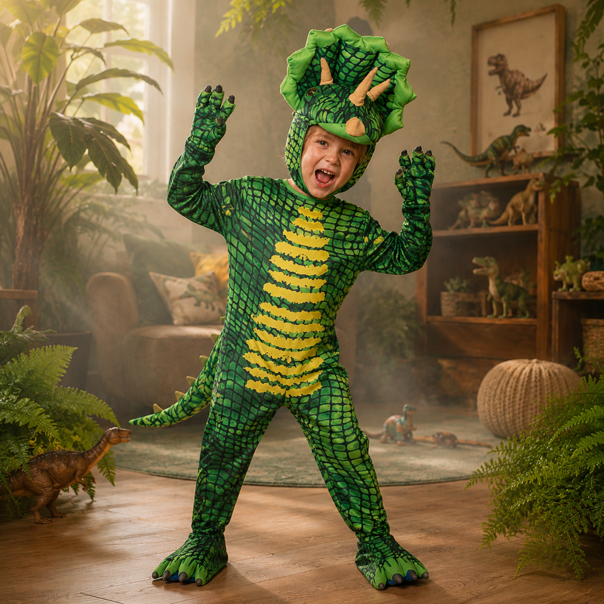 Kids Dinosaur Costume T Rex Triceratops Jumpsuit with Headpiece Gloves