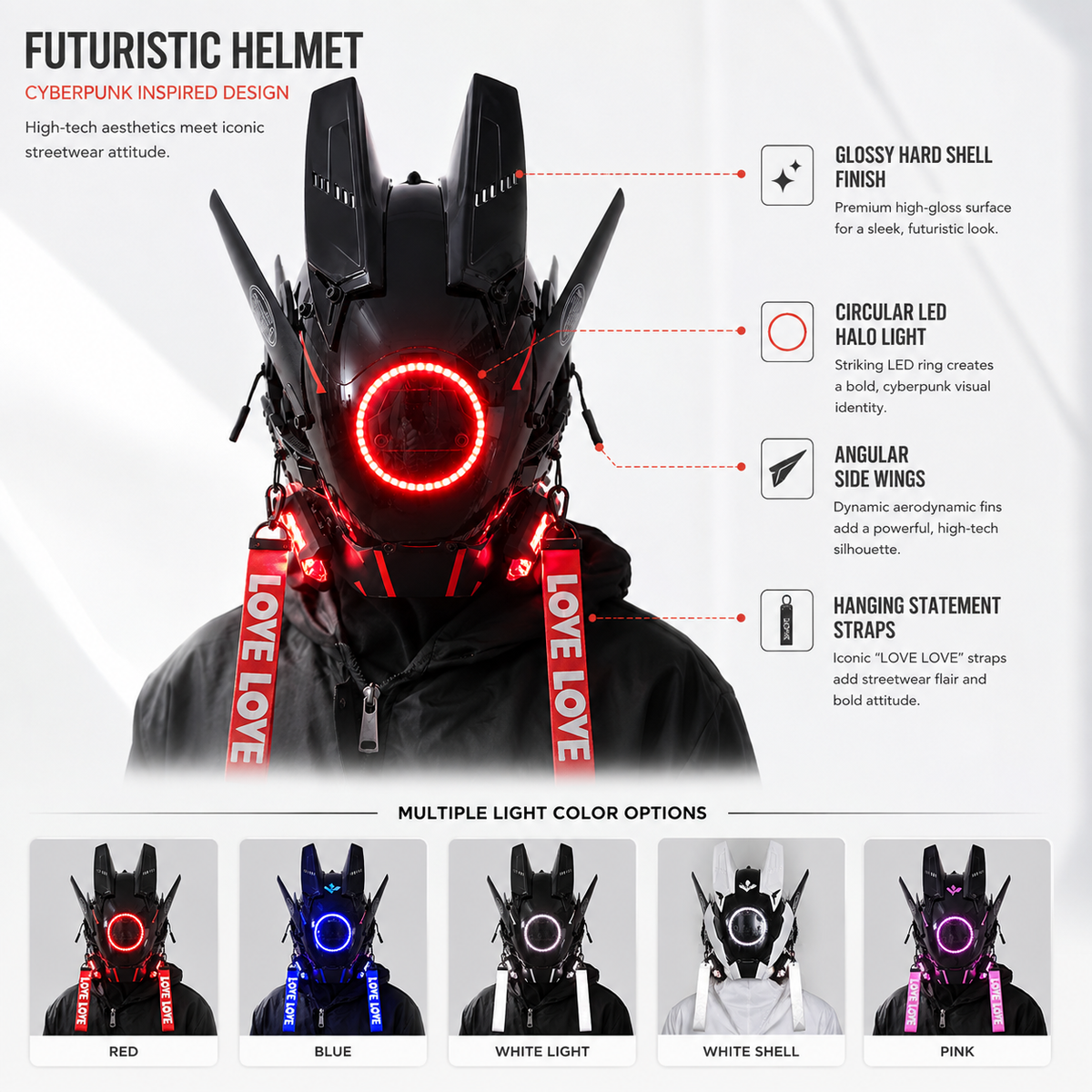 Cyberpunk LED Helmet Mask Glowing Ring Light Wing Fins Rave Cosplay