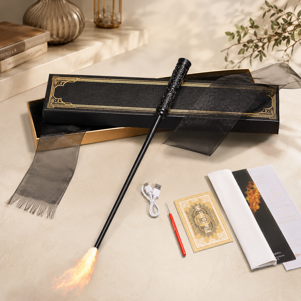 Fire Shooting Magic Wand USB Rechargeable Flame Effect Wizard Gift Box