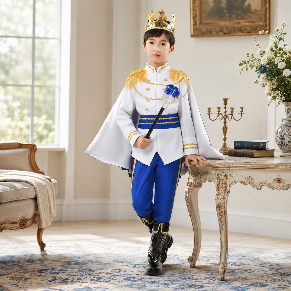 Boys Royal Prince King Costume White Jacket Cape Sash Blue Red Kids