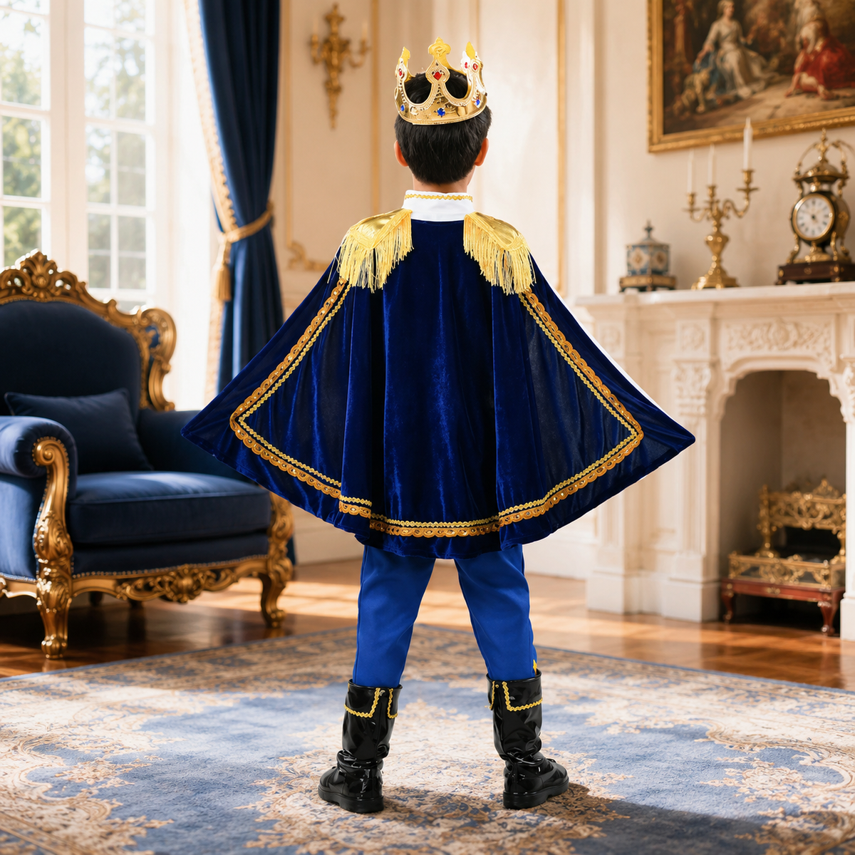 Boys Royal Prince King Costume White Jacket Cape Sash Blue Red Kids