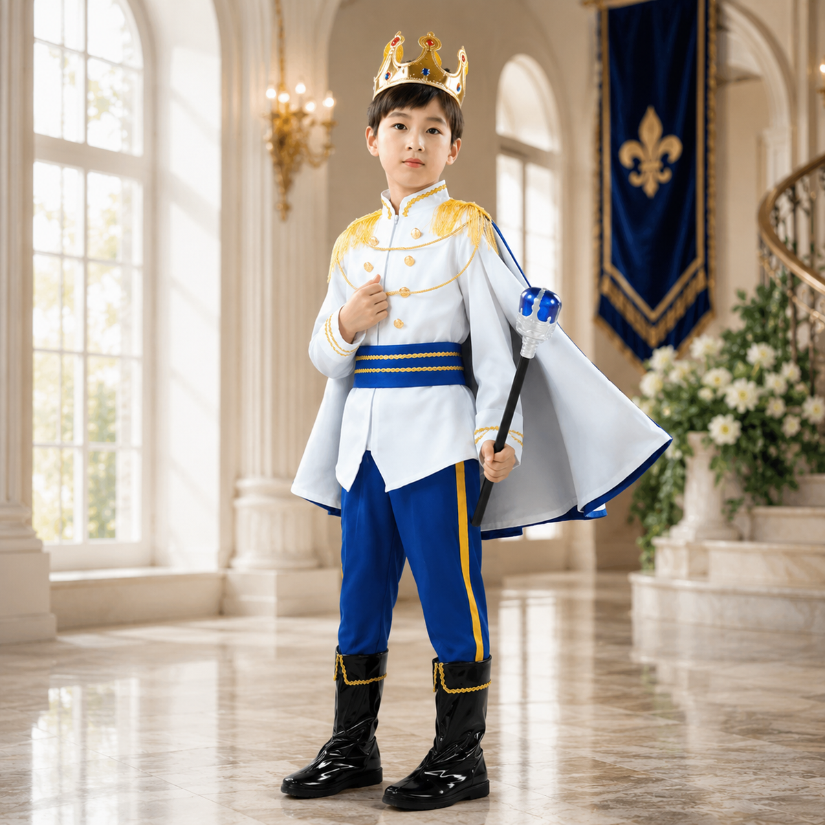 Boys Royal Prince King Costume White Jacket Cape Sash Blue Red Kids