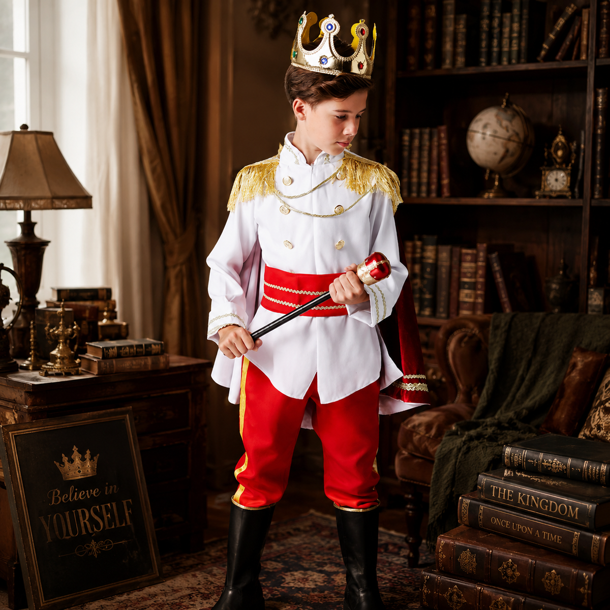 Boys Royal Prince King Costume White Jacket Cape Sash Blue Red Kids