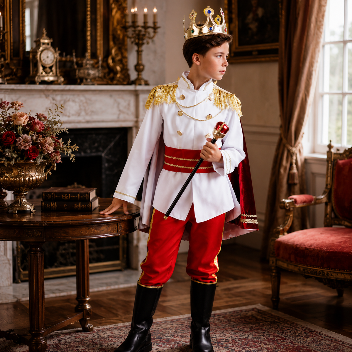 Boys Royal Prince King Costume White Jacket Cape Sash Blue Red Kids