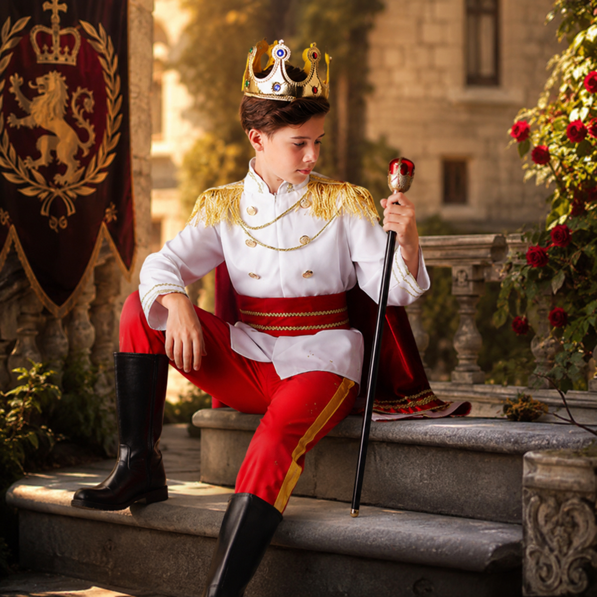 Boys Royal Prince King Costume White Jacket Cape Sash Blue Red Kids