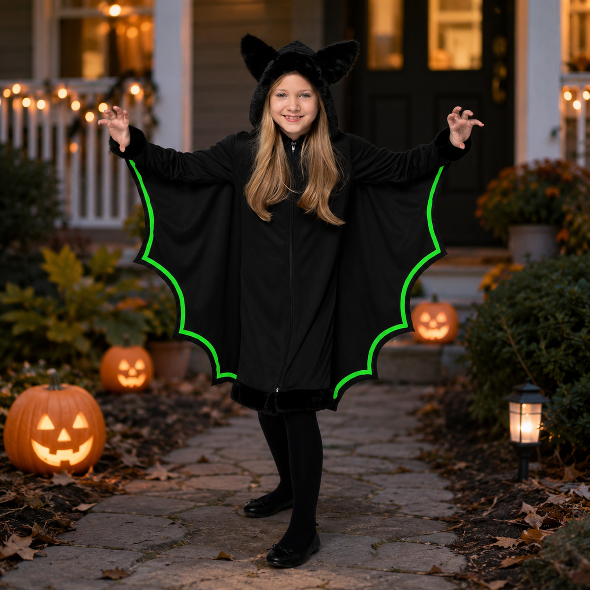 Girls Bat Costume Hooded Wing Cape Dress Neon Green Trim Halloween