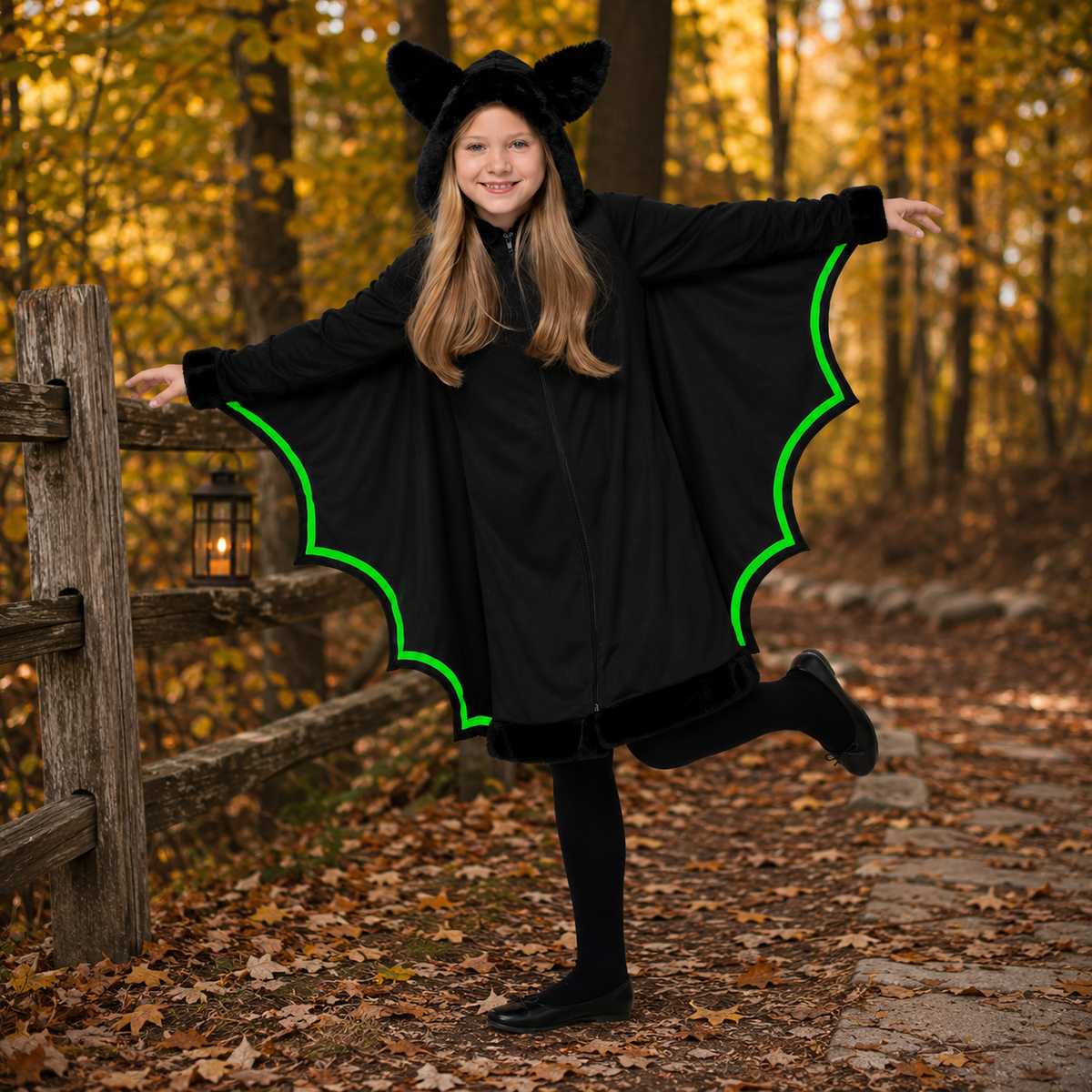 Girls Bat Costume Hooded Wing Cape Dress Neon Green Trim Halloween