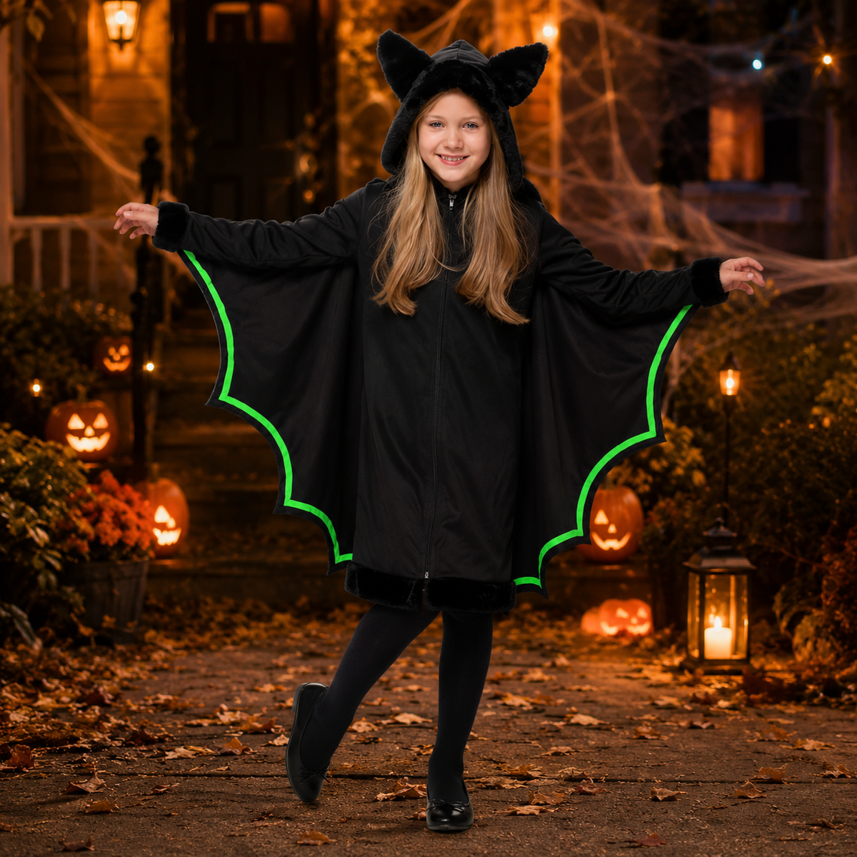Girls Bat Costume Hooded Wing Cape Dress Neon Green Trim Halloween