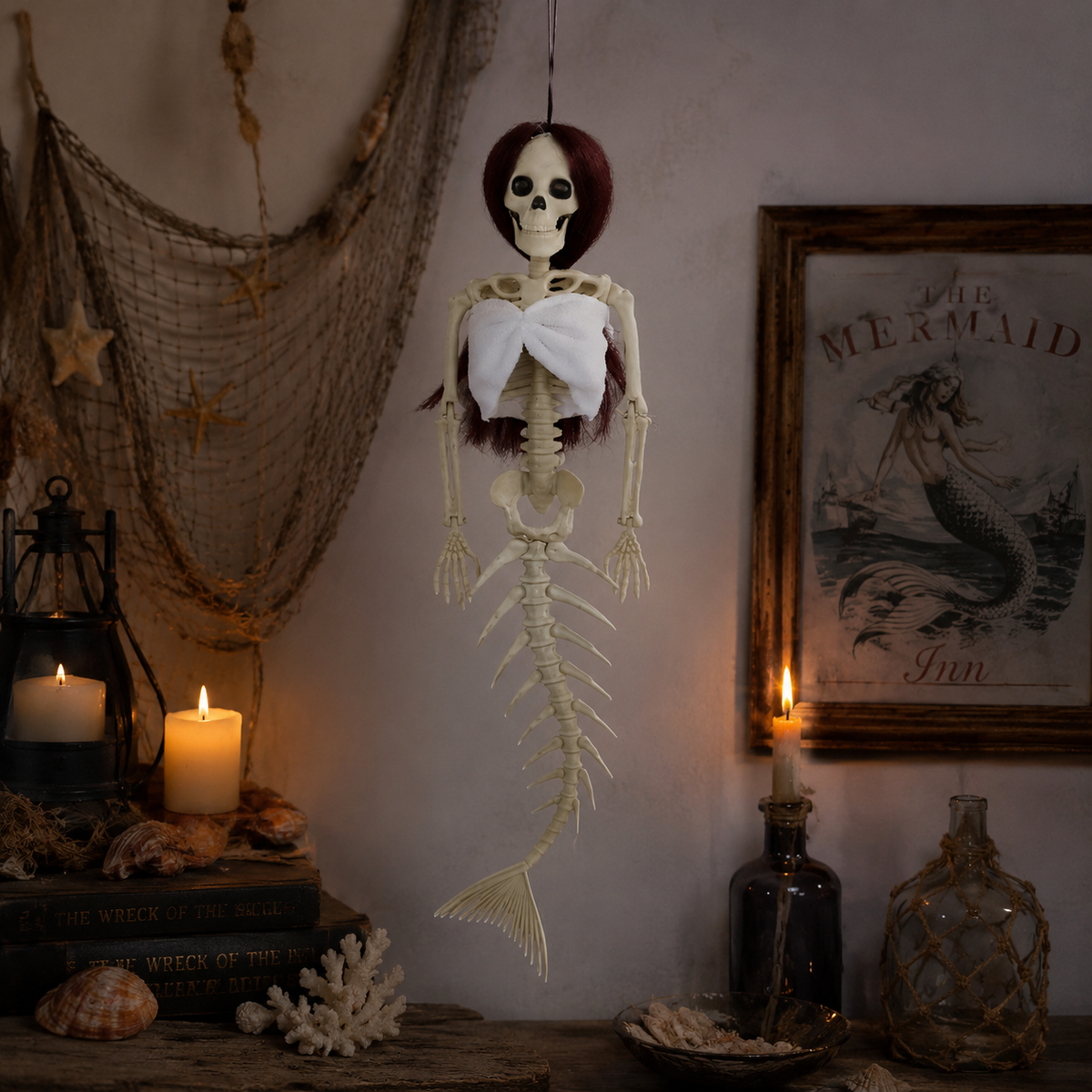 Hanging Mermaid Skeleton Halloween Decoration with Colored Hair 43cm