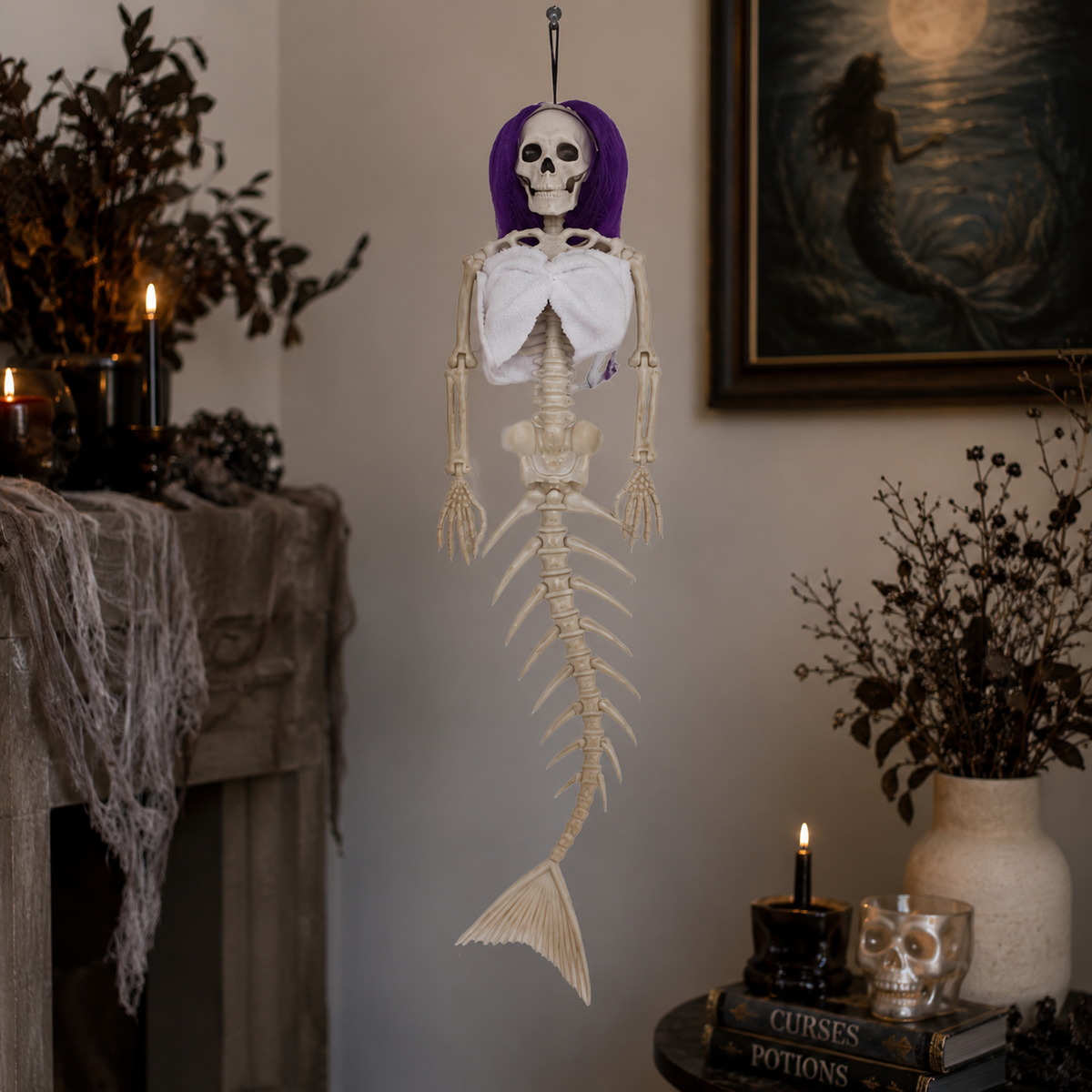 Hanging Mermaid Skeleton Halloween Decoration with Colored Hair 43cm