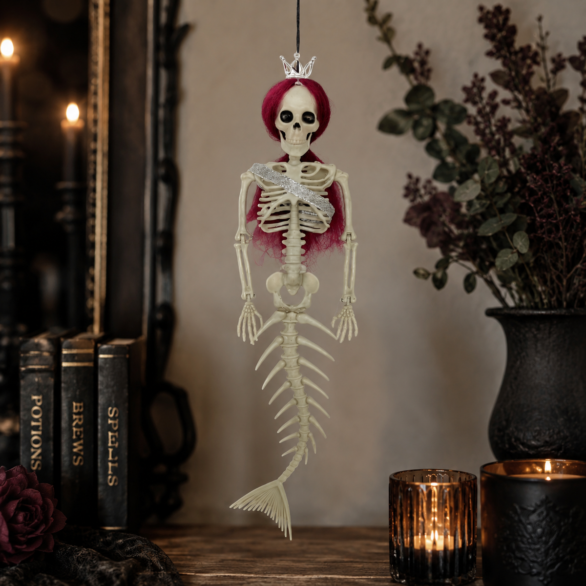 Hanging Mermaid Skeleton Halloween Decoration with Colored Hair 43cm