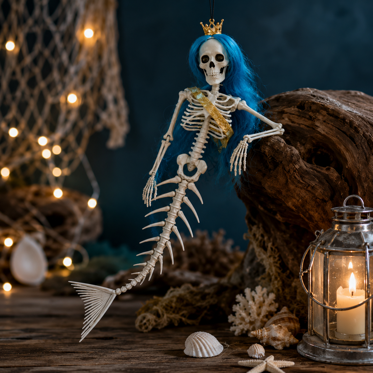 Hanging Mermaid Skeleton Halloween Decoration with Colored Hair 43cm