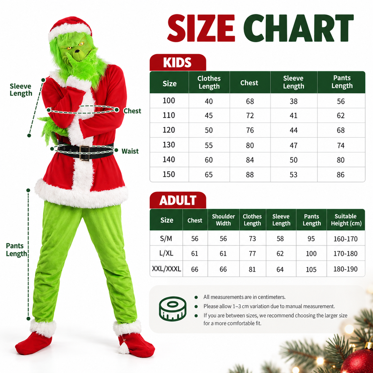 Green Christmas Grinch Style Costume Furry Mask Santa Suit Kids Adults