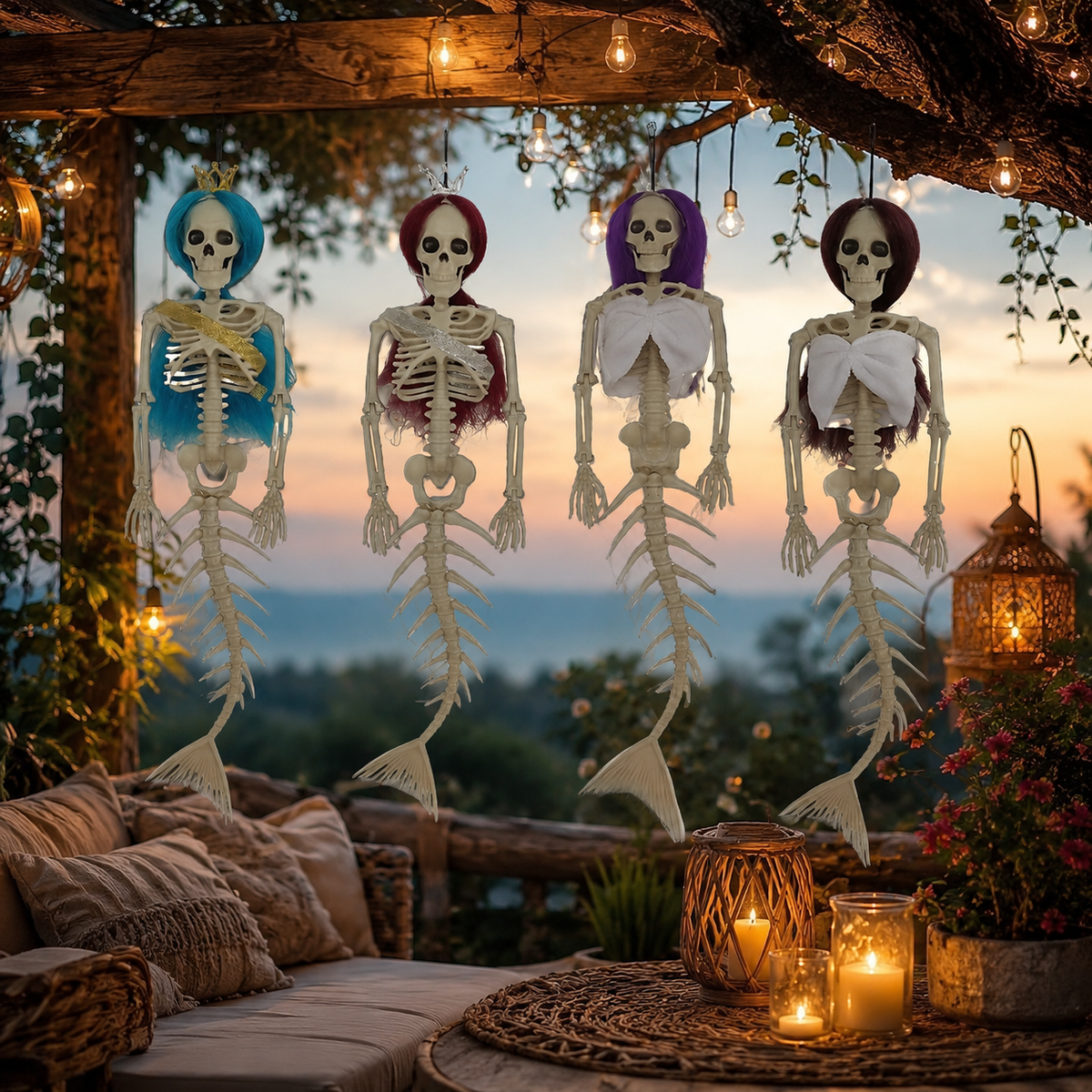 Hanging Mermaid Skeleton Halloween Decoration with Colored Hair 43cm